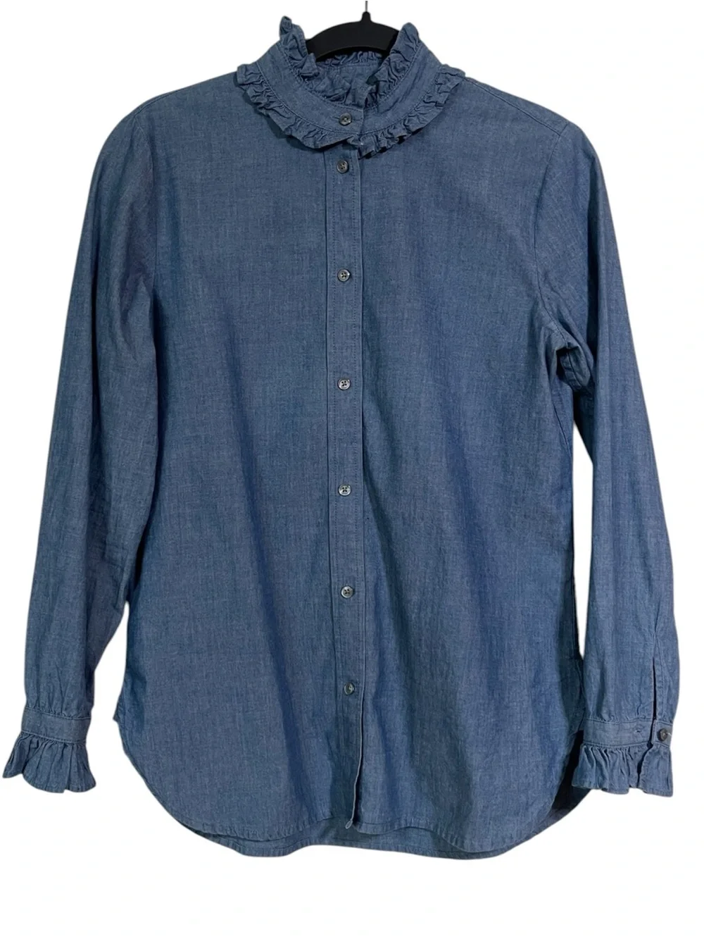J.Crew Classic Chambray Ruffle Collar Button Up Shirt Women’s Size 2 Blue Cotton